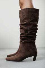Kensley Ruched Slouch Knee High Snipped Toe Boot in Dark Brown Suede