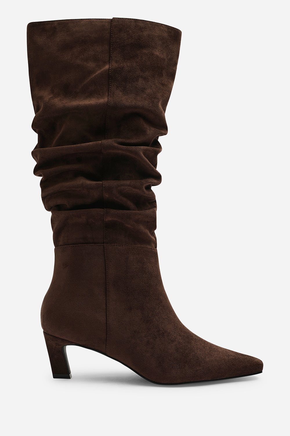 Kensley Ruched Slouch Knee High Snipped Toe Boot in Dark Brown Suede