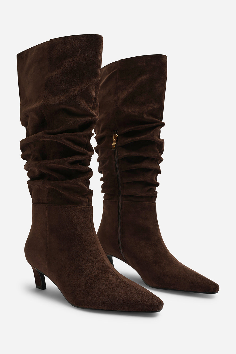 Kensley Ruched Slouch Knee High Snipped Toe Boot in Dark Brown Suede