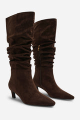 Kensley Ruched Slouch Knee High Snipped Toe Boot in Dark Brown Suede