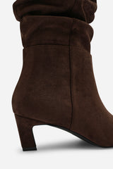 Kensley Ruched Slouch Knee High Snipped Toe Boot in Dark Brown Suede