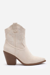 Frissa Beige Pointed Toe Block Heel Embroidery Design Ankle Boots