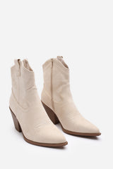 Frissa Beige Pointed Toe Block Heel Embroidery Design Ankle Boots