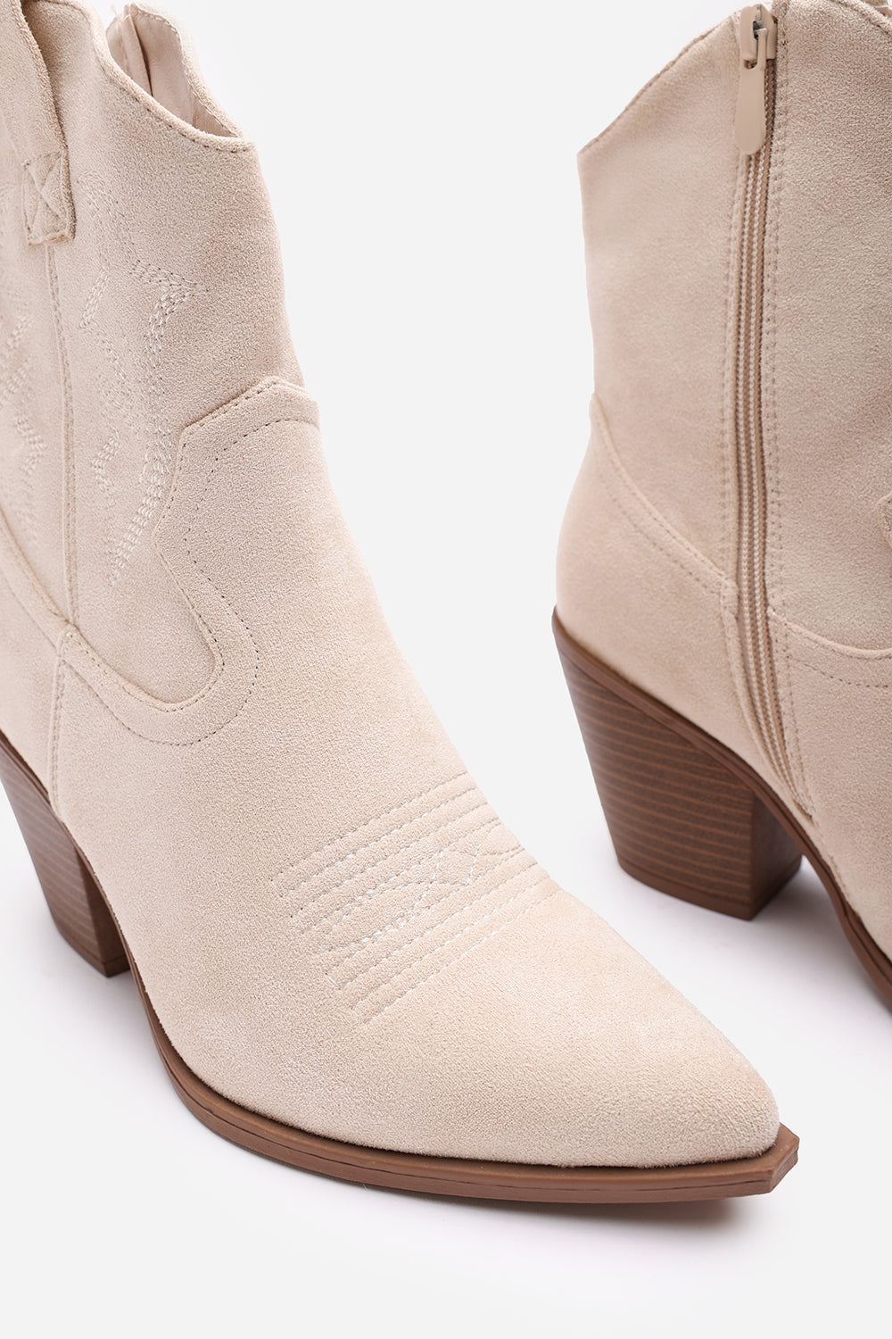 Frissa Beige Pointed Toe Block Heel Embroidery Design Ankle Boots