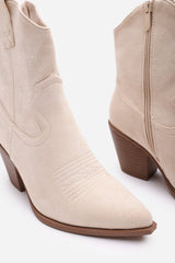 Frissa Beige Pointed Toe Block Heel Embroidery Design Ankle Boots