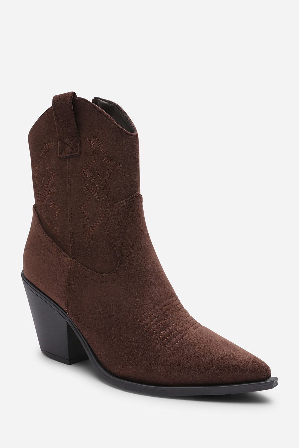 Frissa Brown Pointed Toe Block Heel Embroidery Design Ankle Boots