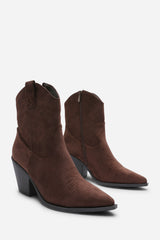 Frissa Brown Pointed Toe Block Heel Embroidery Design Ankle Boots