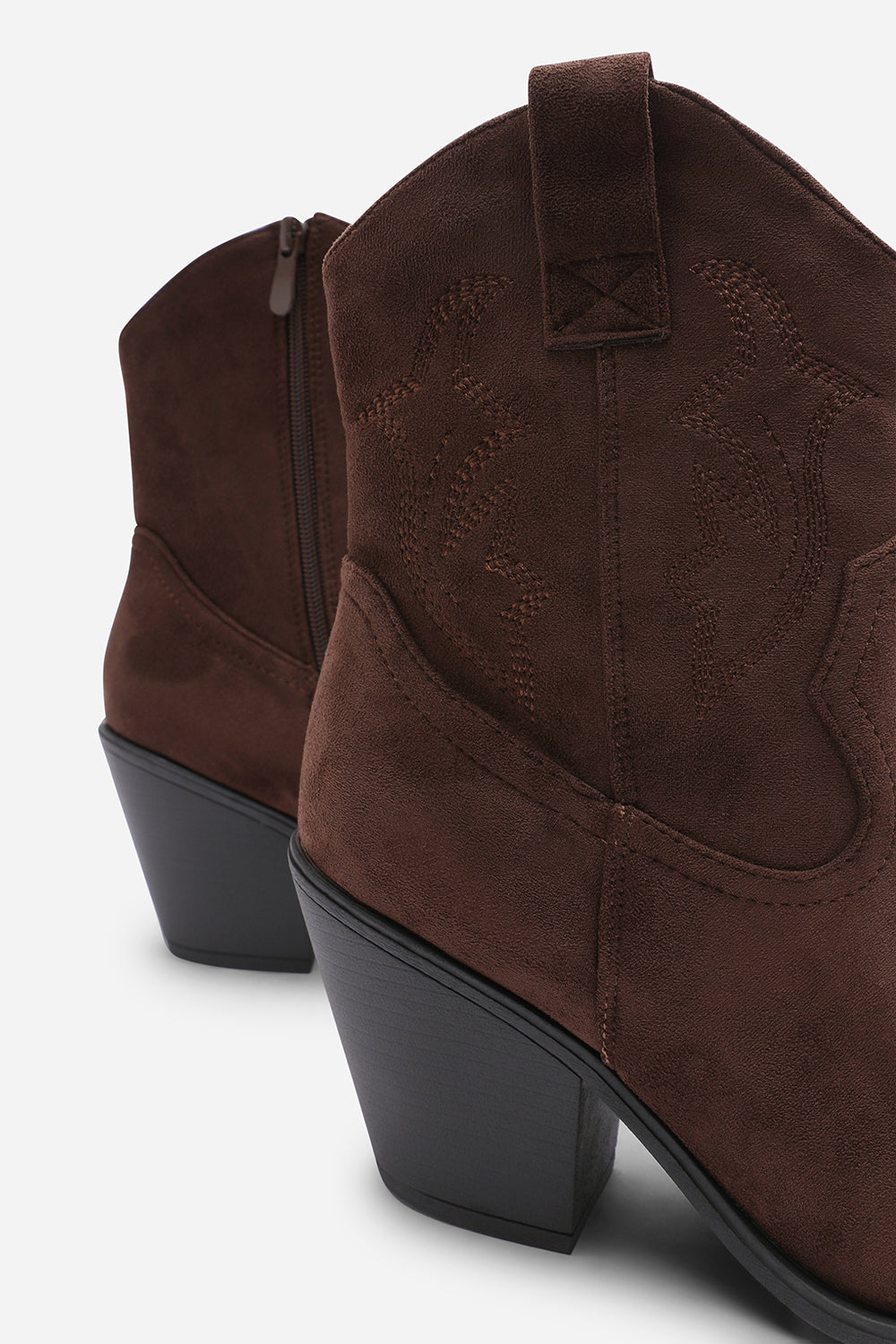 Frissa Brown Pointed Toe Block Heel Embroidery Design Ankle Boots