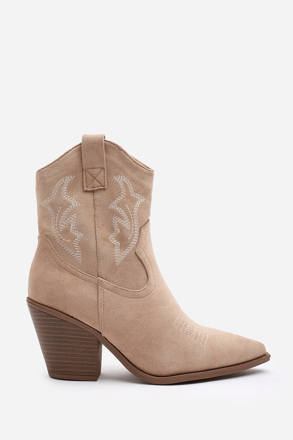 Frissa Camel Pointed Toe Block Heel Embroidery Design Ankle Boots