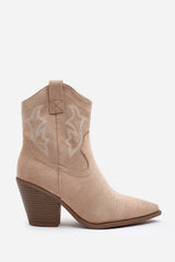 Frissa Camel Pointed Toe Block Heel Embroidery Design Ankle Boots