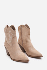Frissa Camel Pointed Toe Block Heel Embroidery Design Ankle Boots