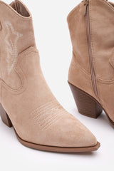 Frissa Camel Pointed Toe Block Heel Embroidery Design Ankle Boots