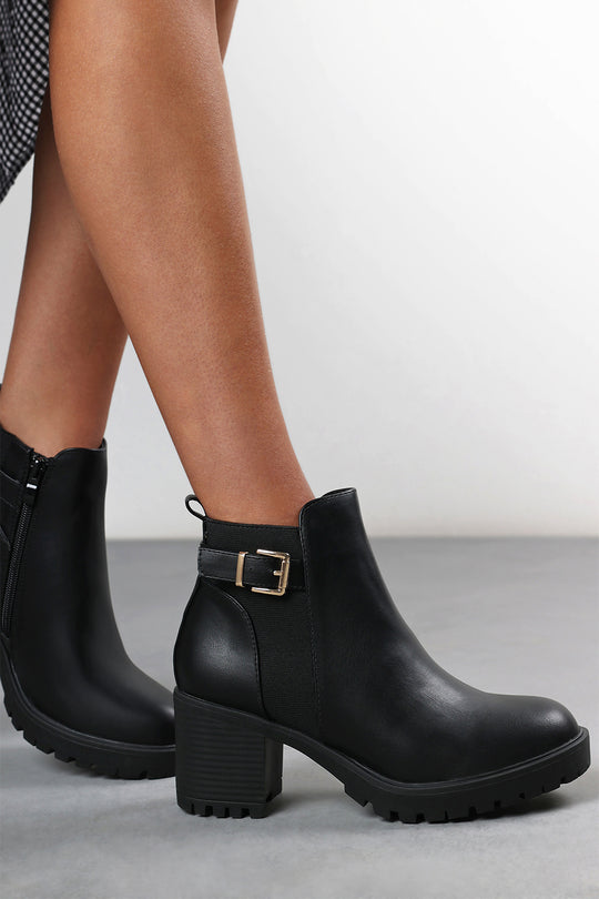 Jodie Black Faux Leather Chunky Heel Ankle Boots with Buckle