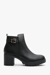 Jodie Black Faux Leather Chunky Heel Ankle Boots with Buckle
