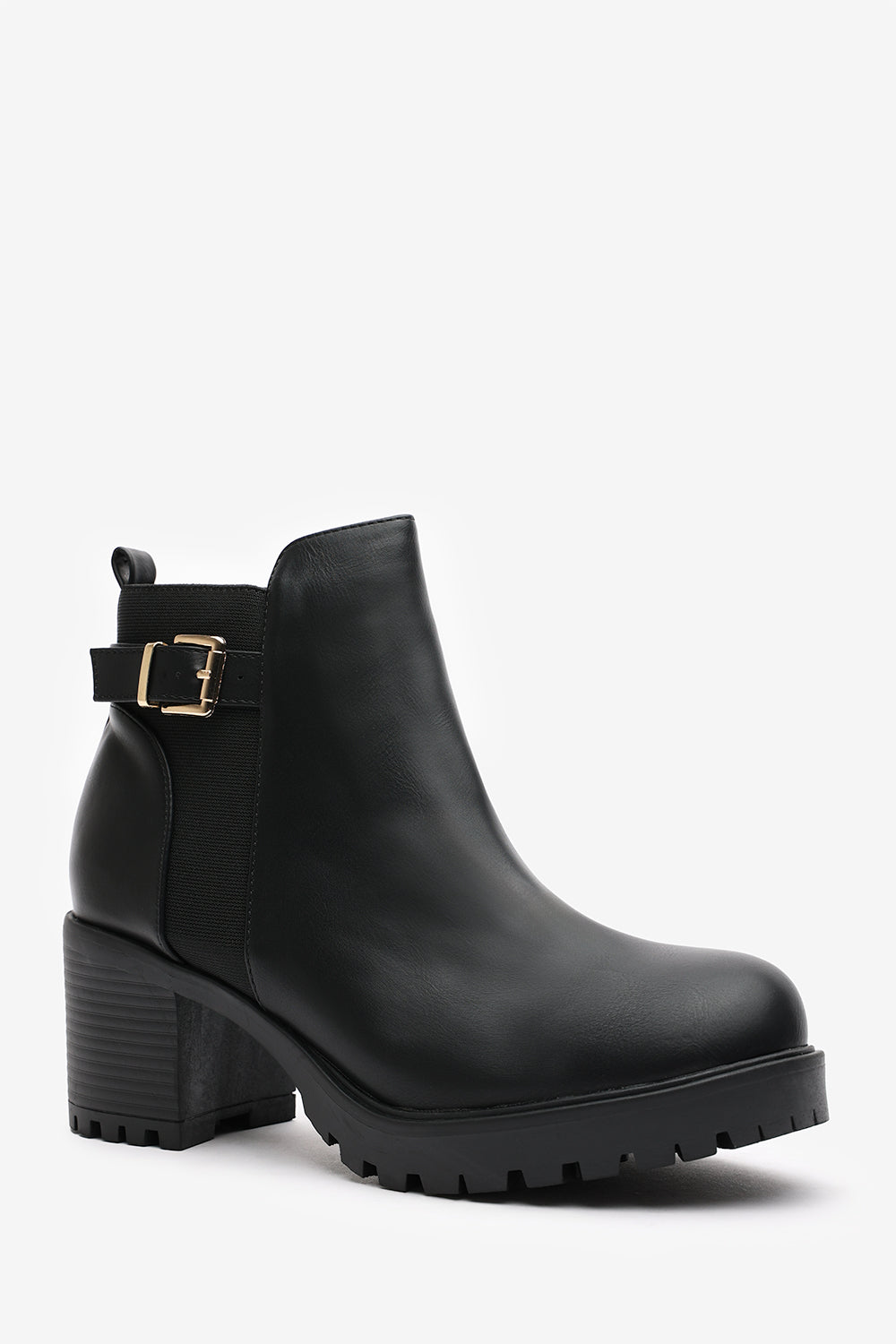 Jodie Black Faux Leather Chunky Heel Ankle Boots with Buckle