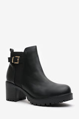 Jodie Black Faux Leather Chunky Heel Ankle Boots with Buckle