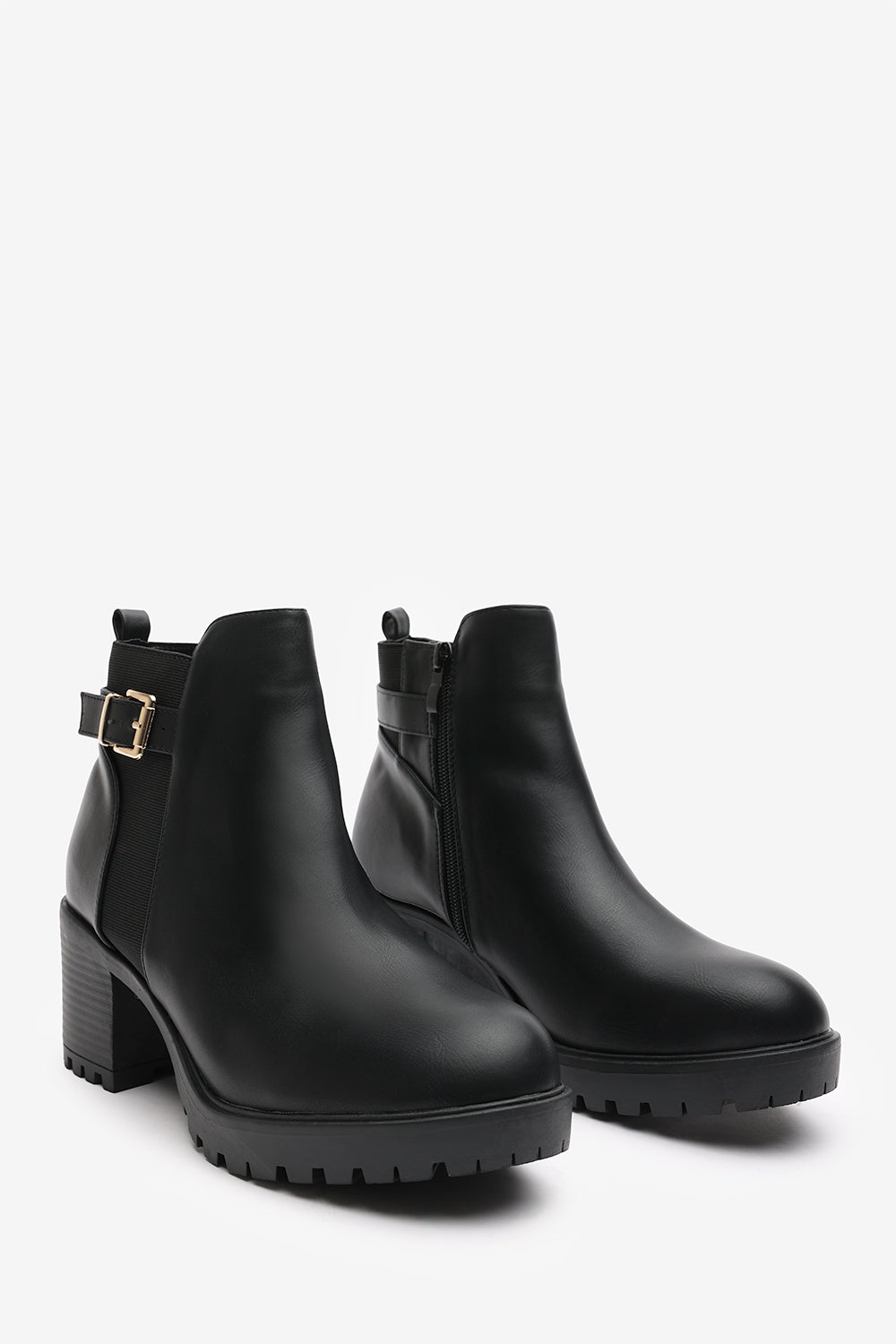Jodie Black Faux Leather Chunky Heel Ankle Boots with Buckle