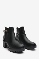 Jodie Black Faux Leather Chunky Heel Ankle Boots with Buckle