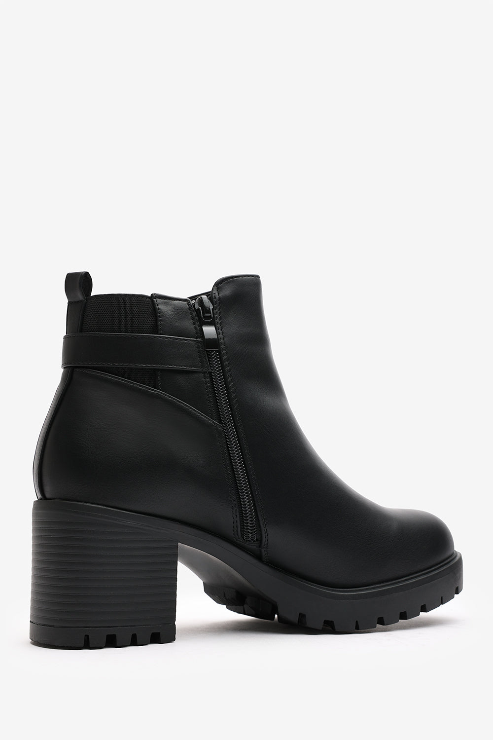 Jodie Black Faux Leather Chunky Heel Ankle Boots with Buckle