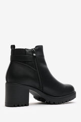 Jodie Black Faux Leather Chunky Heel Ankle Boots with Buckle
