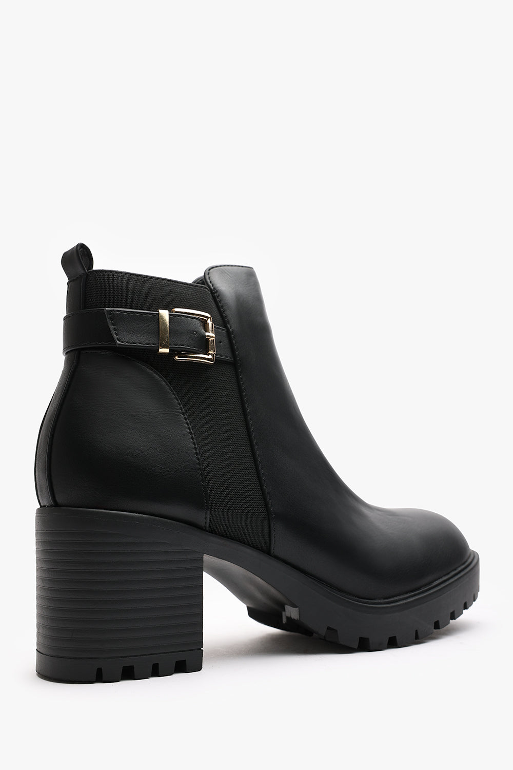 Jodie Black Faux Leather Chunky Heel Ankle Boots with Buckle