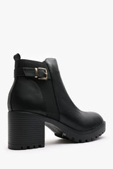 Jodie Black Faux Leather Chunky Heel Ankle Boots with Buckle
