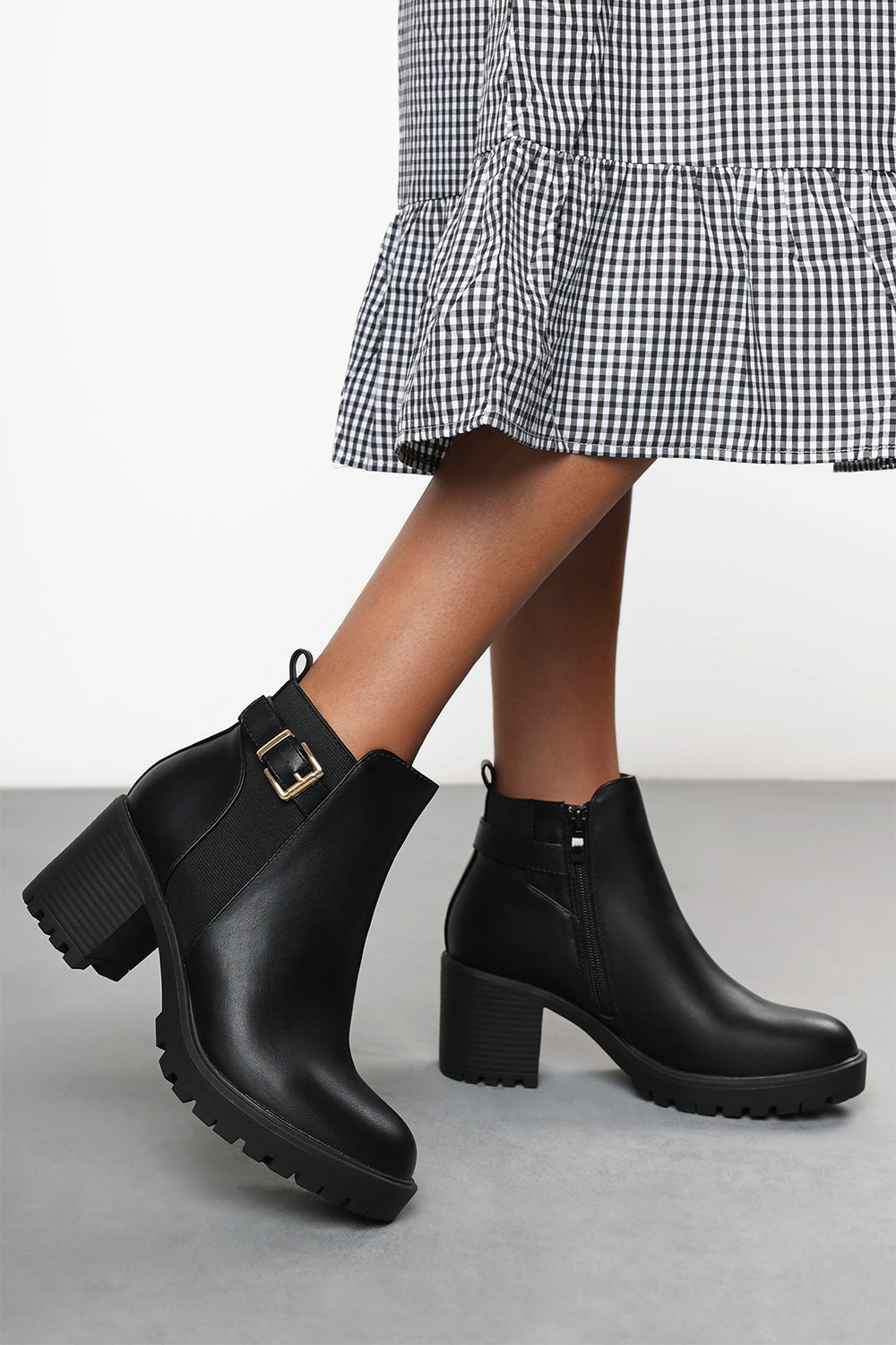 Jodie Black Faux Leather Chunky Heel Ankle Boots with Buckle