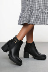 Jodie Black Faux Leather Chunky Heel Ankle Boots with Buckle