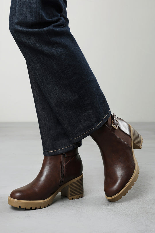 Cirele Brown Chelsea Heeled Ankle Boot With Buckle Detail