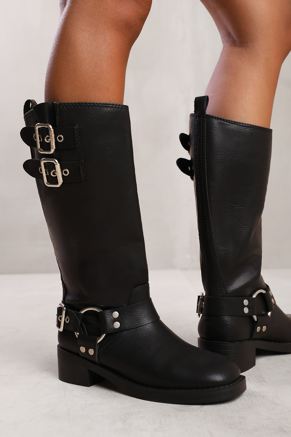 SPRUCE BIKER STYLE BELOW KNEE BOOT WITH SILVER BUCKLES IN BLACK FAUX LEATHER