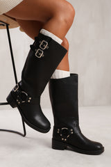 SPRUCE BIKER STYLE BELOW KNEE BOOT WITH SILVER BUCKLES IN BLACK FAUX LEATHER