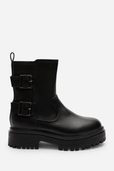 Meilani Black Mid Calf Low Heel Chunky Biker Boots with Double Buckle Strap Detail