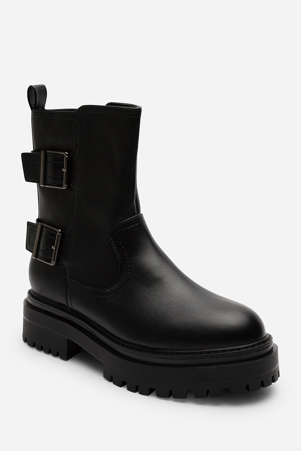 Meilani Black Mid Calf Low Heel Chunky Biker Boots with Double Buckle Strap Detail