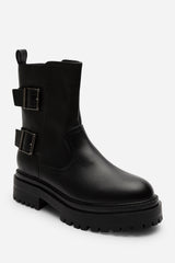 Meilani Black Mid Calf Low Heel Chunky Biker Boots with Double Buckle Strap Detail