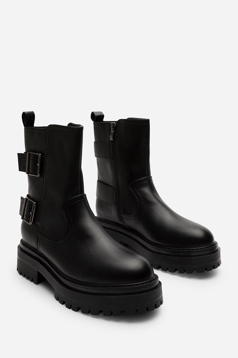 Meilani Black Mid Calf Low Heel Chunky Biker Boots with Double Buckle Strap Detail