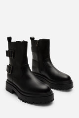 Meilani Black Mid Calf Low Heel Chunky Biker Boots with Double Buckle Strap Detail
