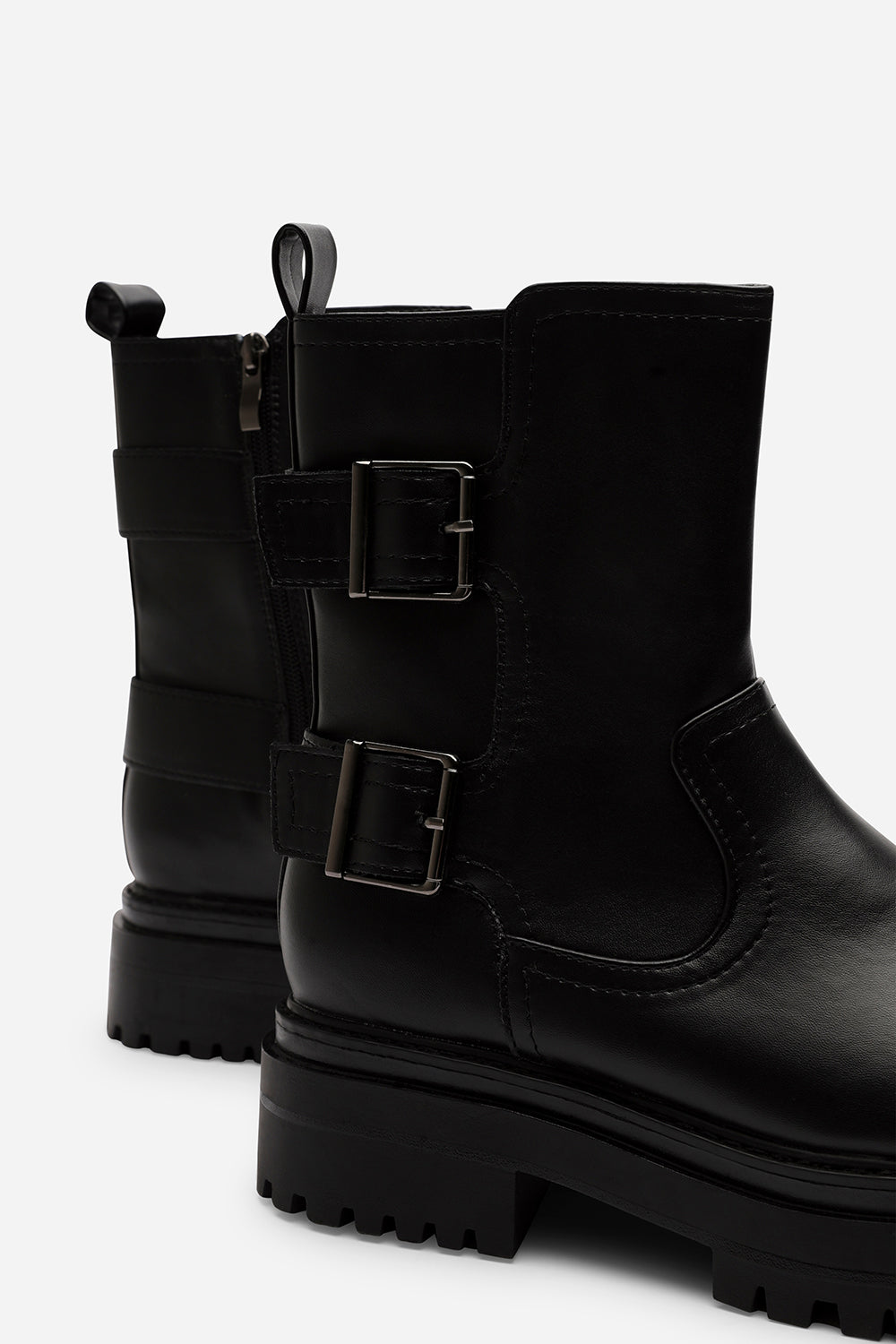 Meilani Black Mid Calf Low Heel Chunky Biker Boots with Double Buckle Strap Detail