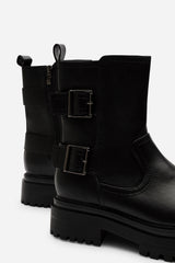 Meilani Black Mid Calf Low Heel Chunky Biker Boots with Double Buckle Strap Detail