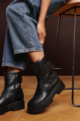 Meilani Black Mid Calf Low Heel Chunky Biker Boots with Double Buckle Strap Detail