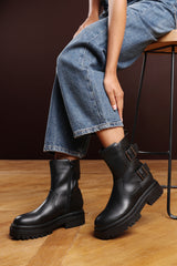 Meilani Black Mid Calf Low Heel Chunky Biker Boots with Double Buckle Strap Detail