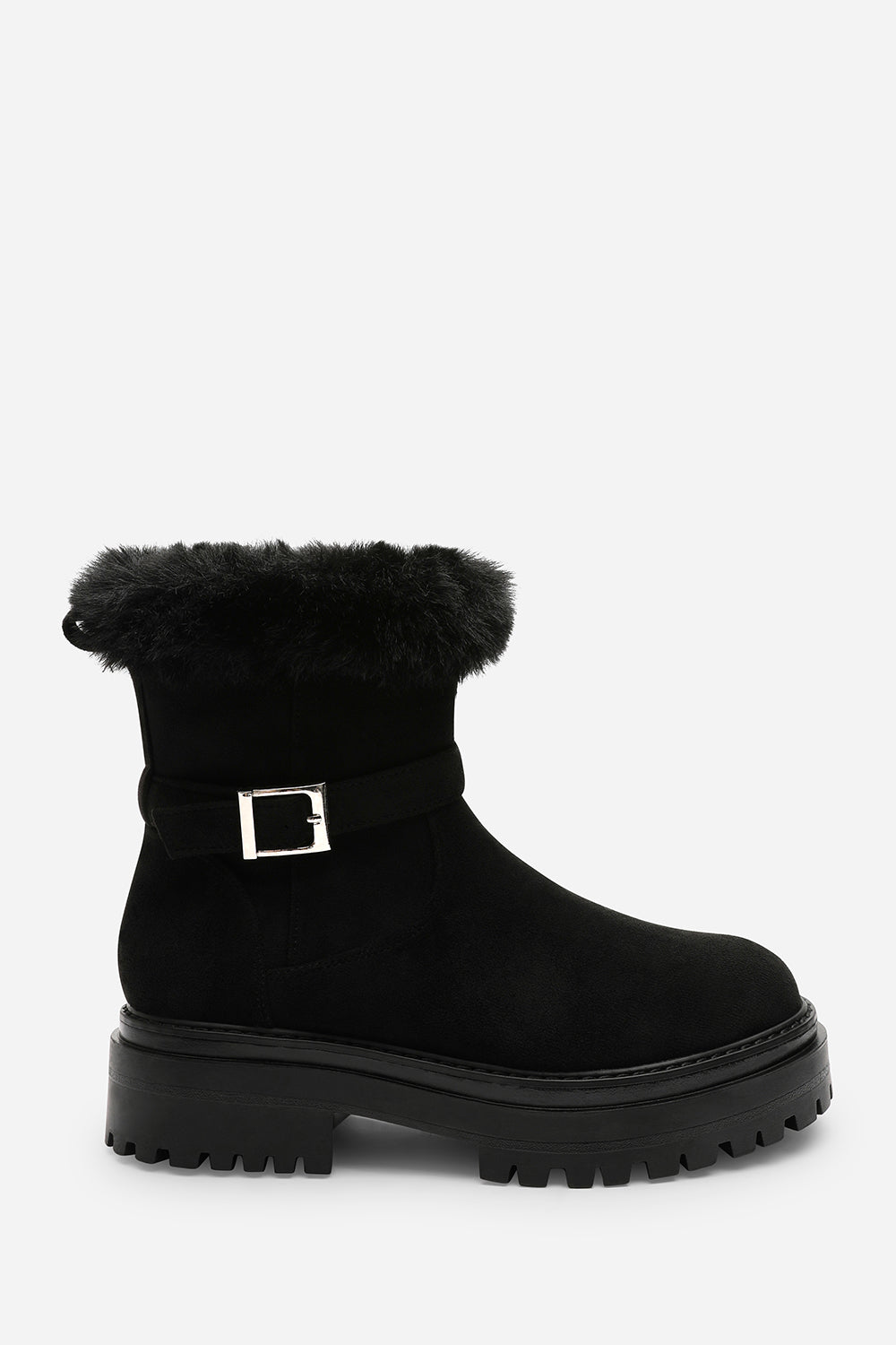 Quora Black Suede Low Heel Ankle Boots with Faux Fur Cuff and Buckle Detail