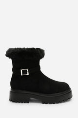 Quora Black Suede Low Heel Ankle Boots with Faux Fur Cuff and Buckle Detail