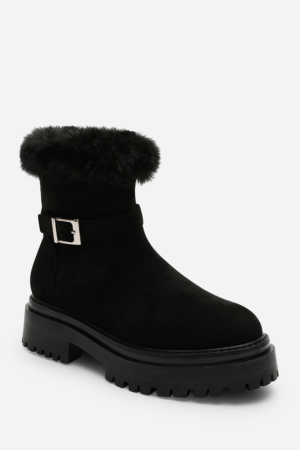 Quora Black Suede Low Heel Ankle Boots with Faux Fur Cuff and Buckle Detail
