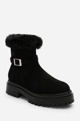 Quora Black Suede Low Heel Ankle Boots with Faux Fur Cuff and Buckle Detail