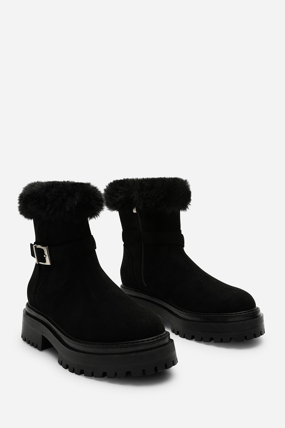 Quora Black Suede Low Heel Ankle Boots with Faux Fur Cuff and Buckle Detail