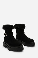 Quora Black Suede Low Heel Ankle Boots with Faux Fur Cuff and Buckle Detail