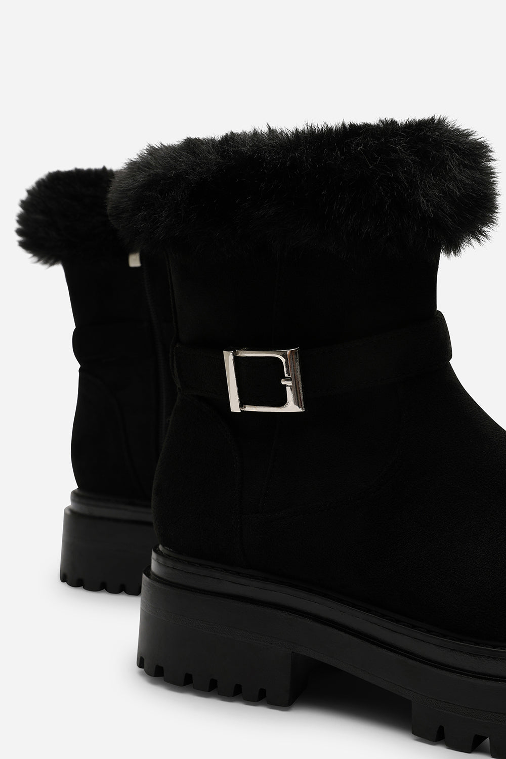 Quora Black Suede Low Heel Ankle Boots with Faux Fur Cuff and Buckle Detail