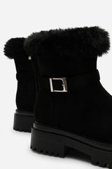Quora Black Suede Low Heel Ankle Boots with Faux Fur Cuff and Buckle Detail