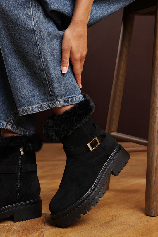 Quora Black Suede Low Heel Ankle Boots with Faux Fur Cuff and Buckle Detail