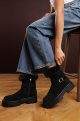 Quora Black Suede Low Heel Ankle Boots with Faux Fur Cuff and Buckle Detail